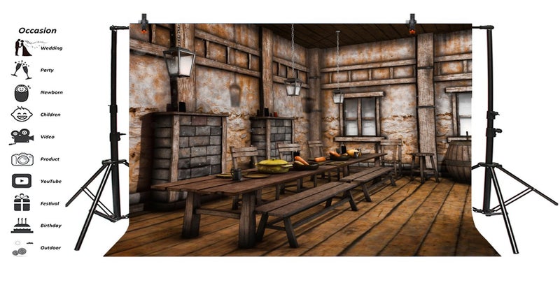 LFEEY 10x8ft Medieval Tavern Backdrop for Photography - Shabby West Cowboy Theme With Wood Bar Counter, Tables, Chairs - Wild West Party Decorations, Western Portraits Photo Studio Props - Image 3
